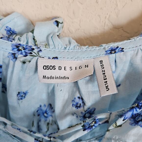 ASOS Bell Sleeve Lace Up Front Top Blue Floral Blouse Women's 10 Faerie Cottage - Picture 7 of 10